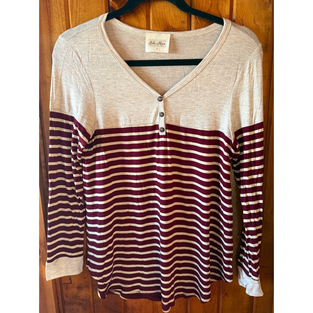 Ella Mara  Henley Long Sleeve Striped Colorblock Top Burgundy Oatmeal size Small